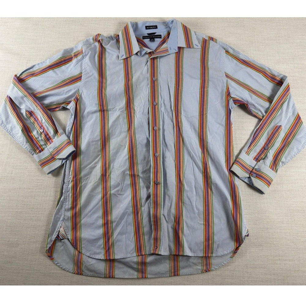 Tommy Hilfiger 80s 2 Ply Shirt Mens L Rainbow Stripe Long Sleeve Button Down - Picture 1 of 9